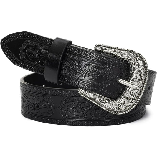 Adjustable Vintage Western-Belts for Women Men Embossed PU Leather Buckles Cowboy-Cowgirl-Belt (For 28-38" Waist)