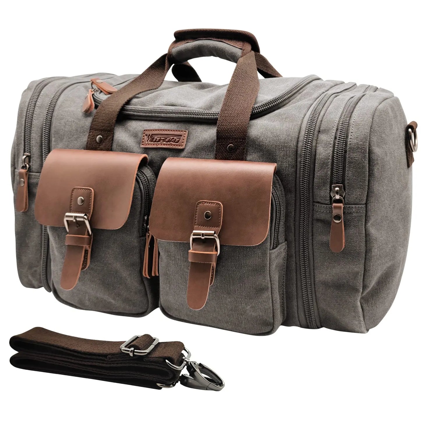 Wildroad Duffle Bag for Men Waterproof Waxed Canvas Genuine Leather Weekender Overnight Vintage Durable Bag with Pockets Travel Large Capacity Garment Spacious Convertible Sleepover Aesthetic Personalized Portable Gift Carry-On Lightweight Trip Essential