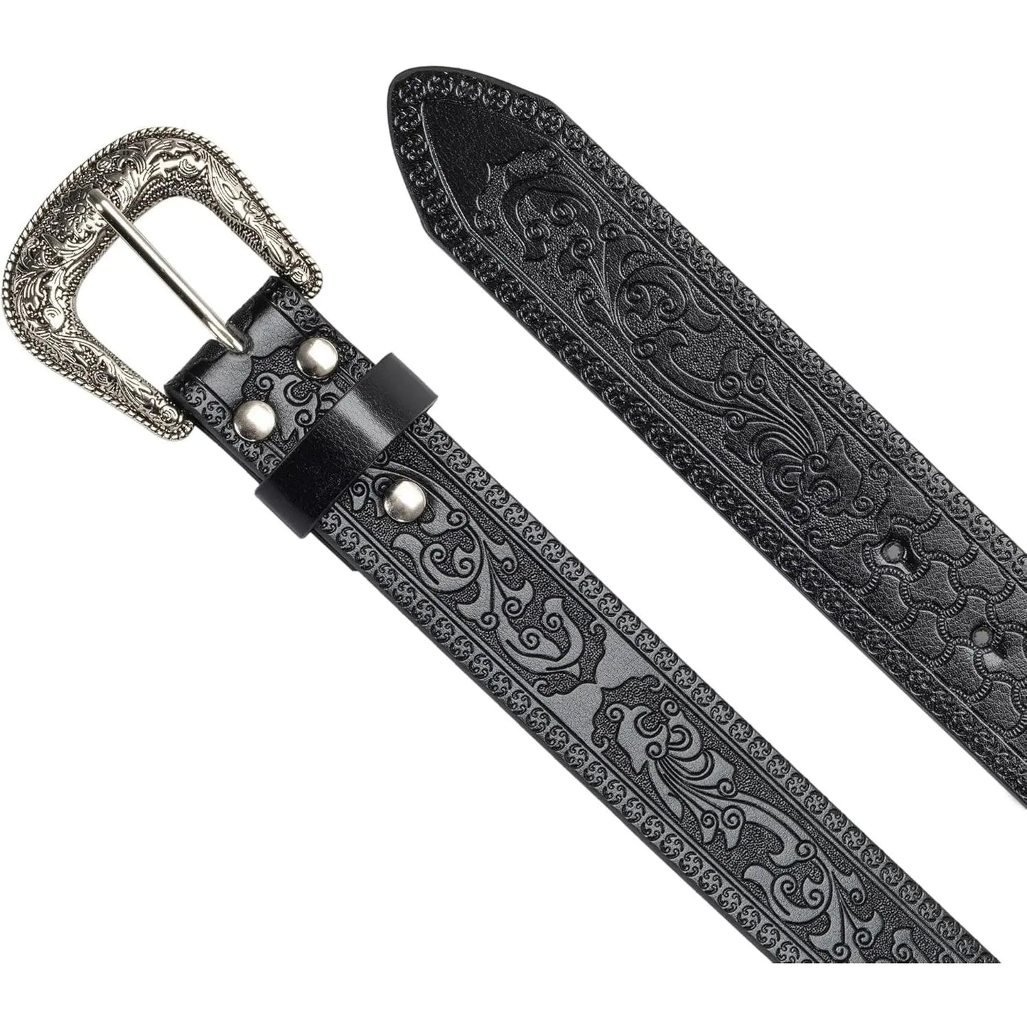 Adjustable Vintage Western-Belts for Women Men Embossed PU Leather Buckles Cowboy-Cowgirl-Belt (For 28-38" Waist)