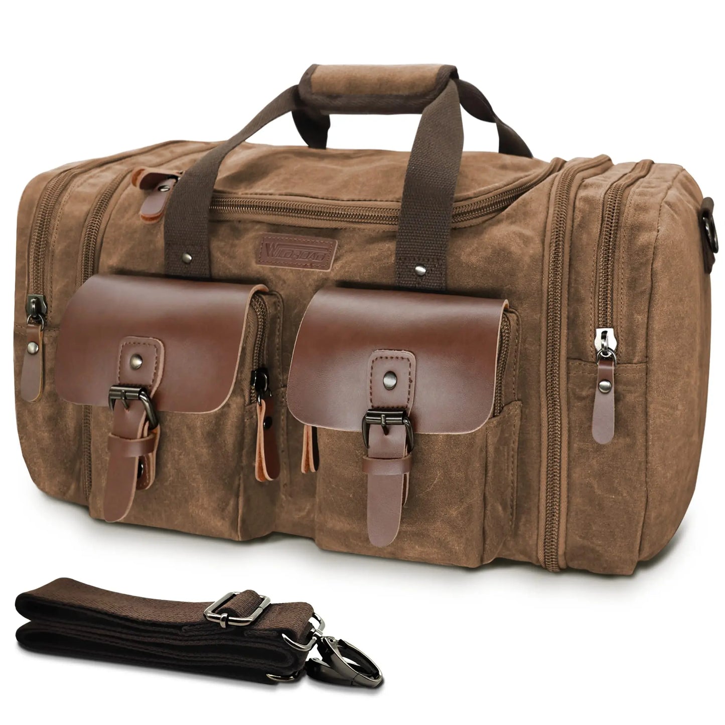 Wildroad Duffle Bag for Men Waterproof Waxed Canvas Genuine Leather Weekender Overnight Vintage Durable Bag with Pockets Travel Large Capacity Garment Spacious Convertible Sleepover Aesthetic Personalized Portable Gift Carry-On Lightweight Trip Essential