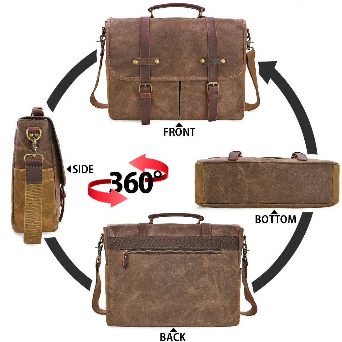 Mens Messenger Bag 15.6 Inch Waterproof Vintage Genuine Leather Waxed Canvas Briefcase Large Leather Computer Laptop Bag Rugged Satchel Shoulder Bag