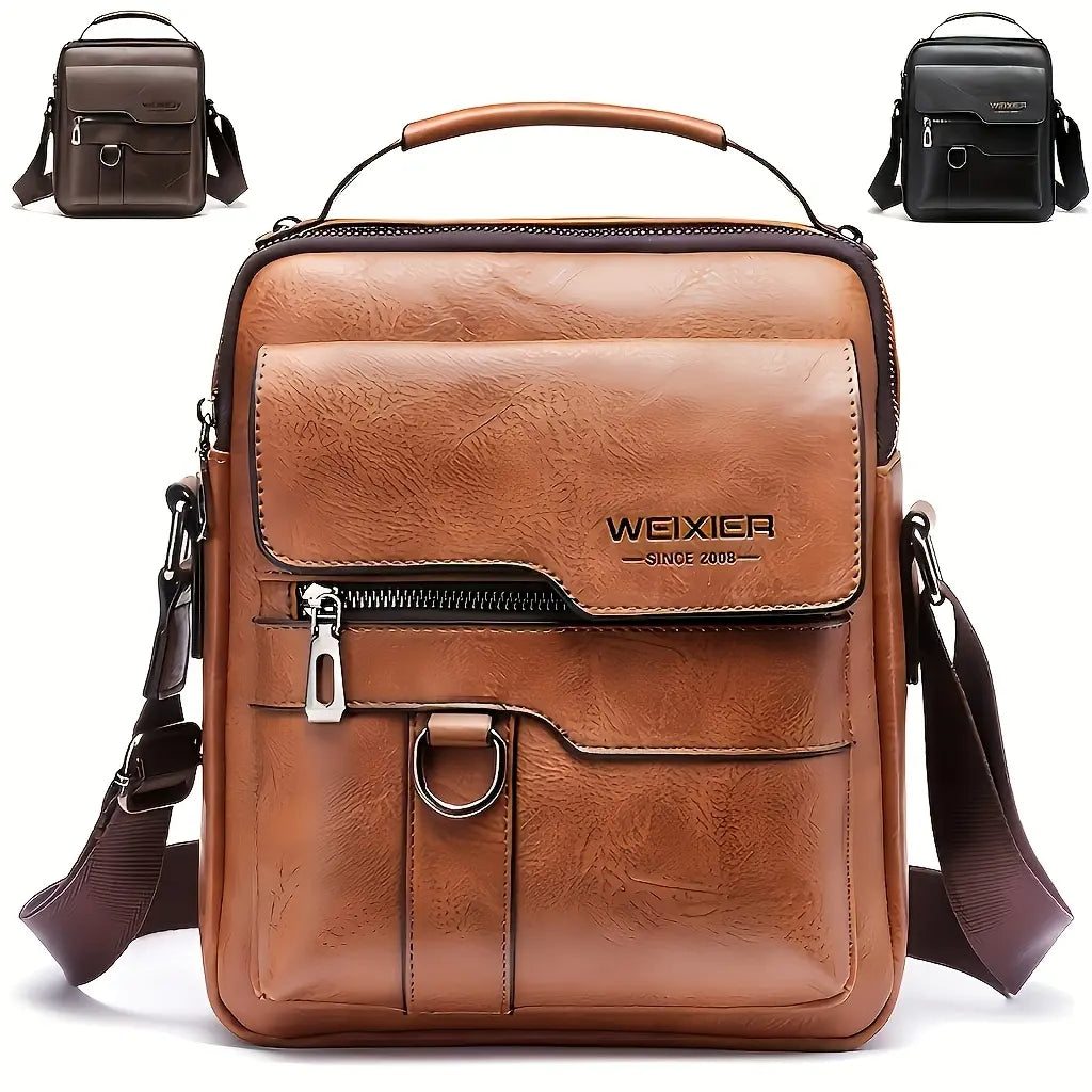 WEIXIER PU Leather Crossbody Bag Retro Street Style Large Capacity Commuter Bag with Adjustable Shoulder Strap for Business Travel Daily Use