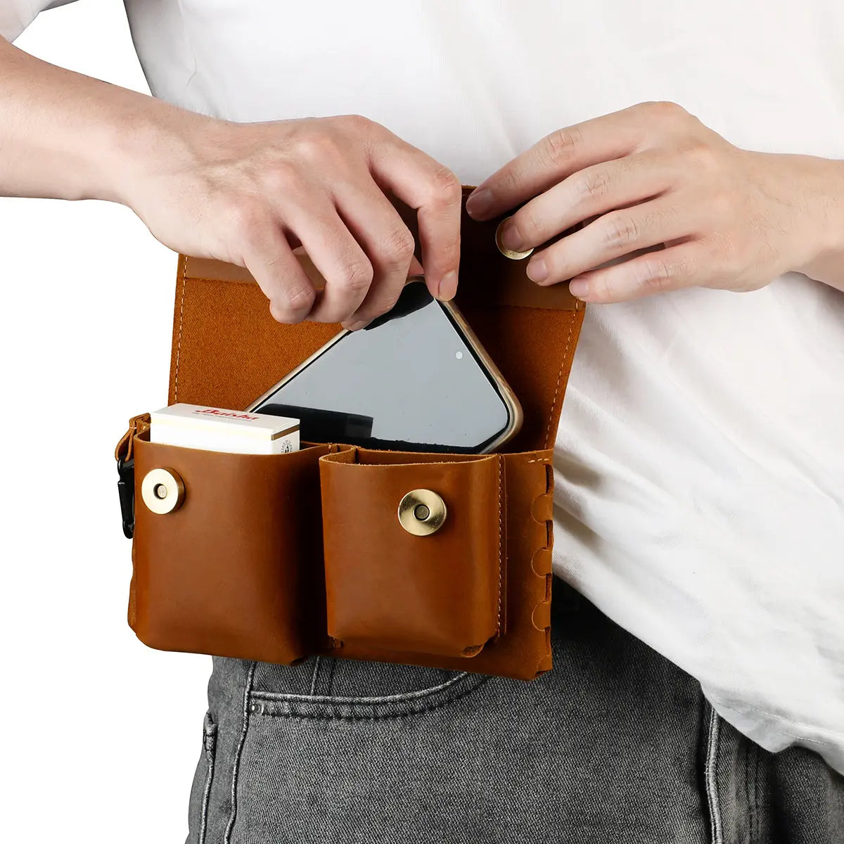 Men'S Leather Waist Bag Phone Holder for Business Travel Everyday Commute Brown Leather Belt Bag Travel Accessory Sleek Accessory Durable Construction Multiple Pockets for Keys & Cards Travelers Business Accessory Modern Pouch Sturdy Construction Beltbag