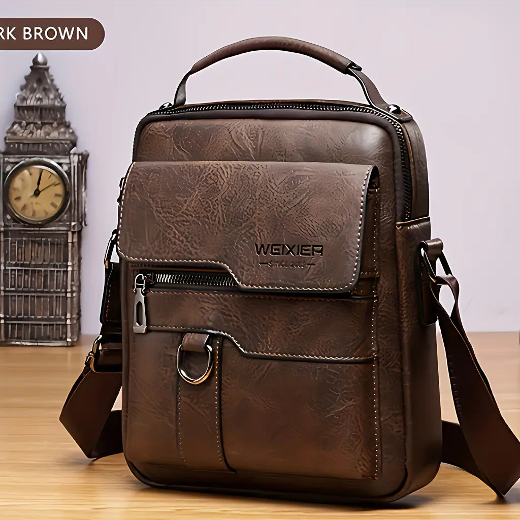 WEIXIER PU Leather Crossbody Bag Retro Street Style Large Capacity Commuter Bag with Adjustable Shoulder Strap for Business Travel Daily Use