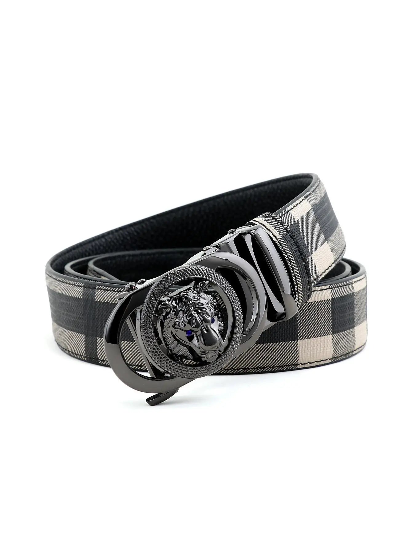 Men'S Tiger Head Decor Automatic Buckle Real Designer Belt, Business Casual Plaid Pattern Pu Leather Belt for Work Office, Fashion Waistband for Party, Daily Clothing Decor, Trendy Exquisite Belt