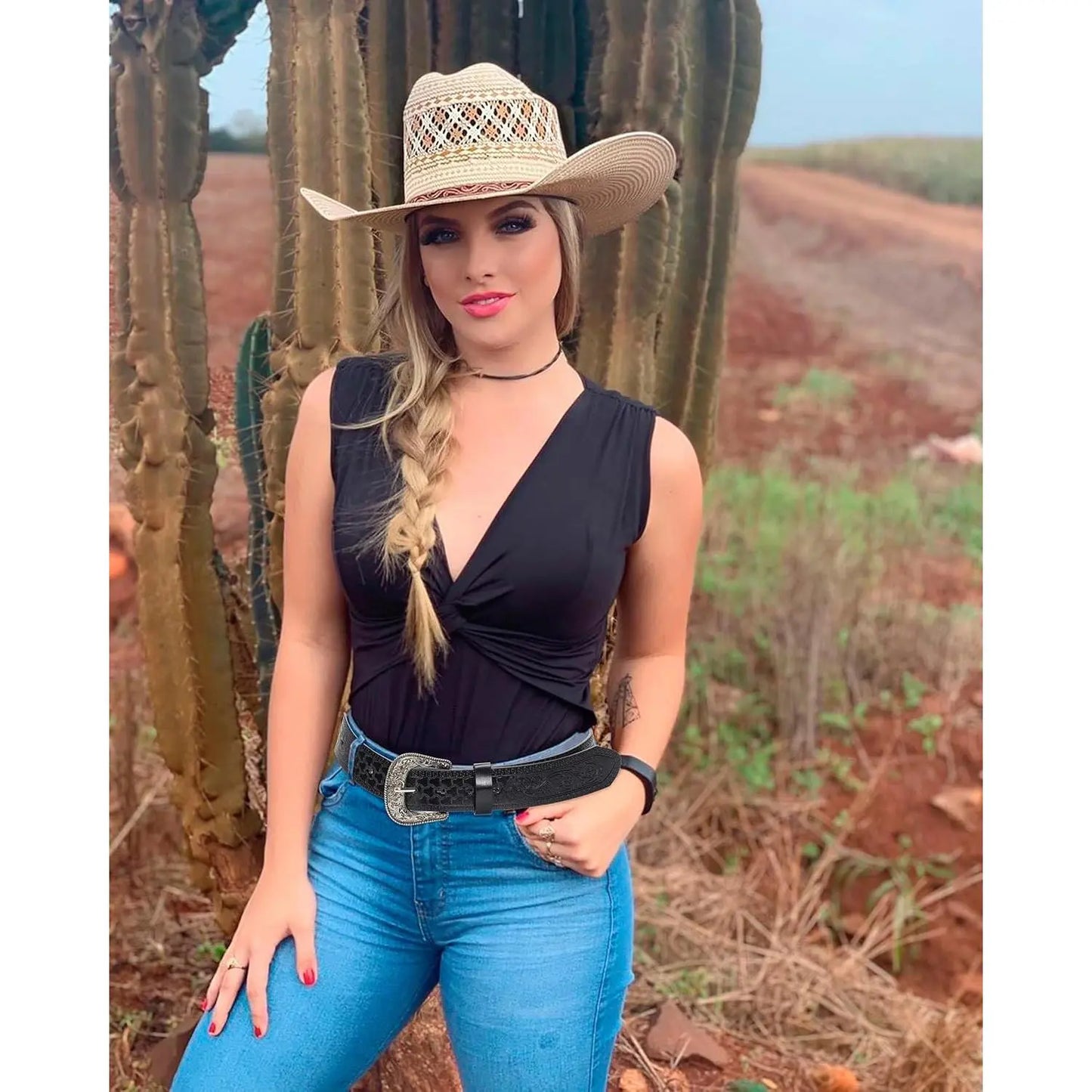 Adjustable Vintage Western-Belts for Women Men Embossed PU Leather Buckles Cowboy-Cowgirl-Belt (For 28-38" Waist)