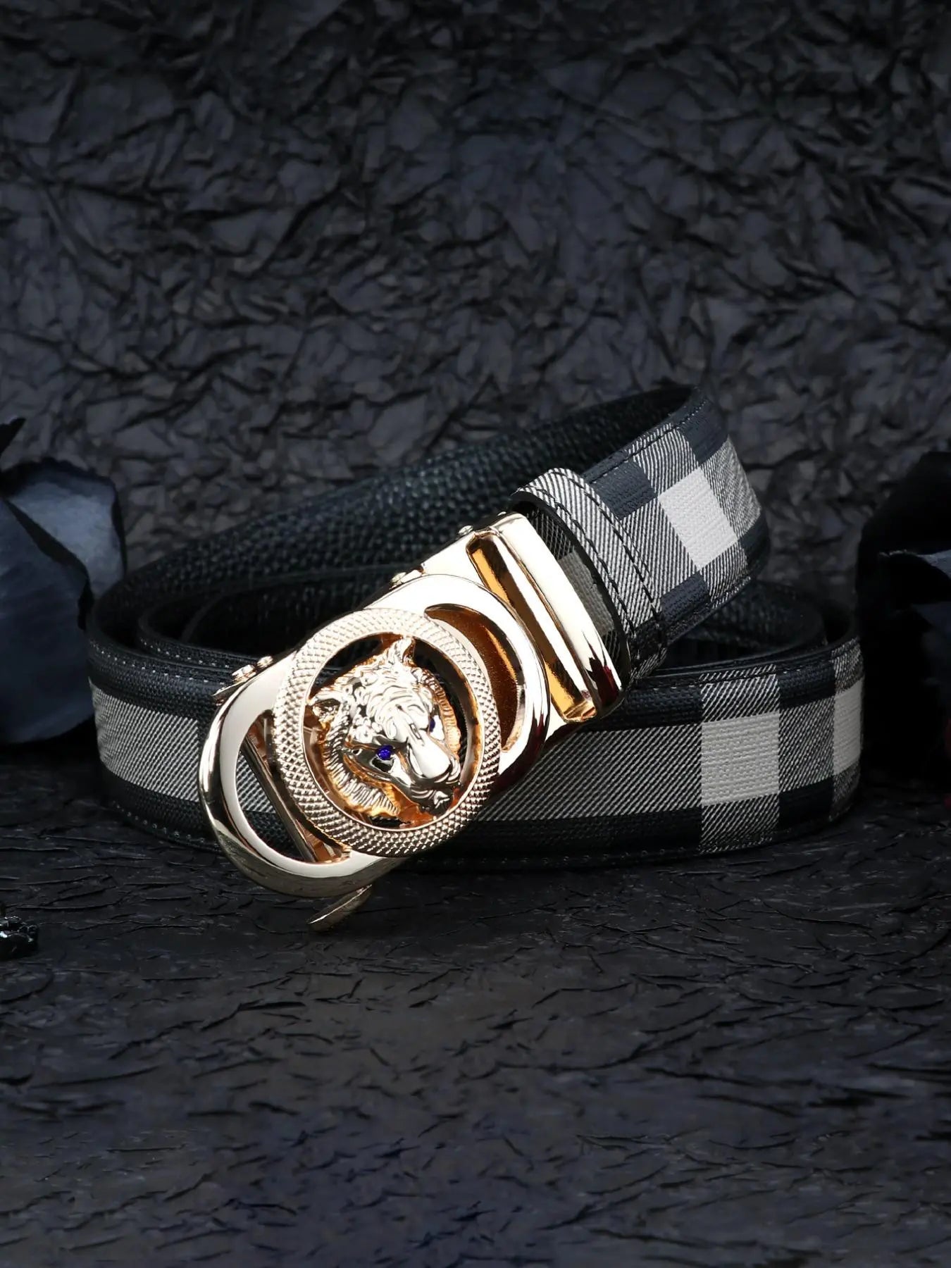 Men'S Tiger Head Decor Automatic Buckle Real Designer Belt, Business Casual Plaid Pattern Pu Leather Belt for Work Office, Fashion Waistband for Party, Daily Clothing Decor, Trendy Exquisite Belt