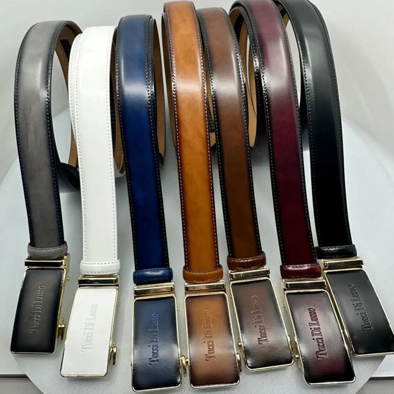 Tucci Di Lusso Mens Dark Blue Italian Leather Slide Ratchet Smart Belts