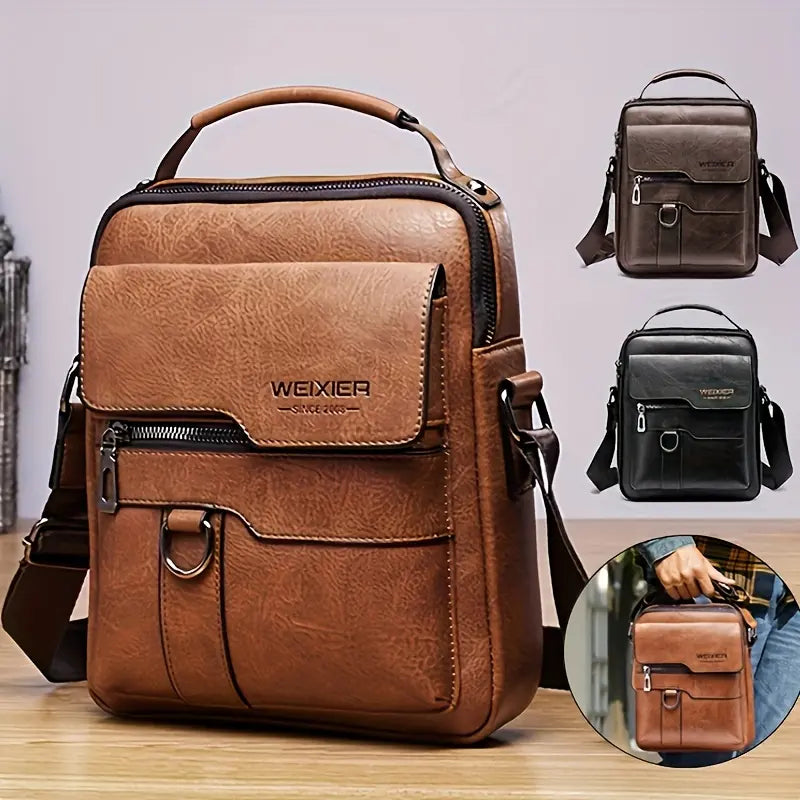 New Men'S PU Leather Shoulder Bag, Classic Style, Retro Fashion, Adjustable Shoulder Strap, Multi-Layer, Handbag, Messenger Bag, Crossbody Bag, Business Casual Briefcase, Travel, Backpack, Daily Commuter Bag for Men and Women, New Year, Christmas Gift