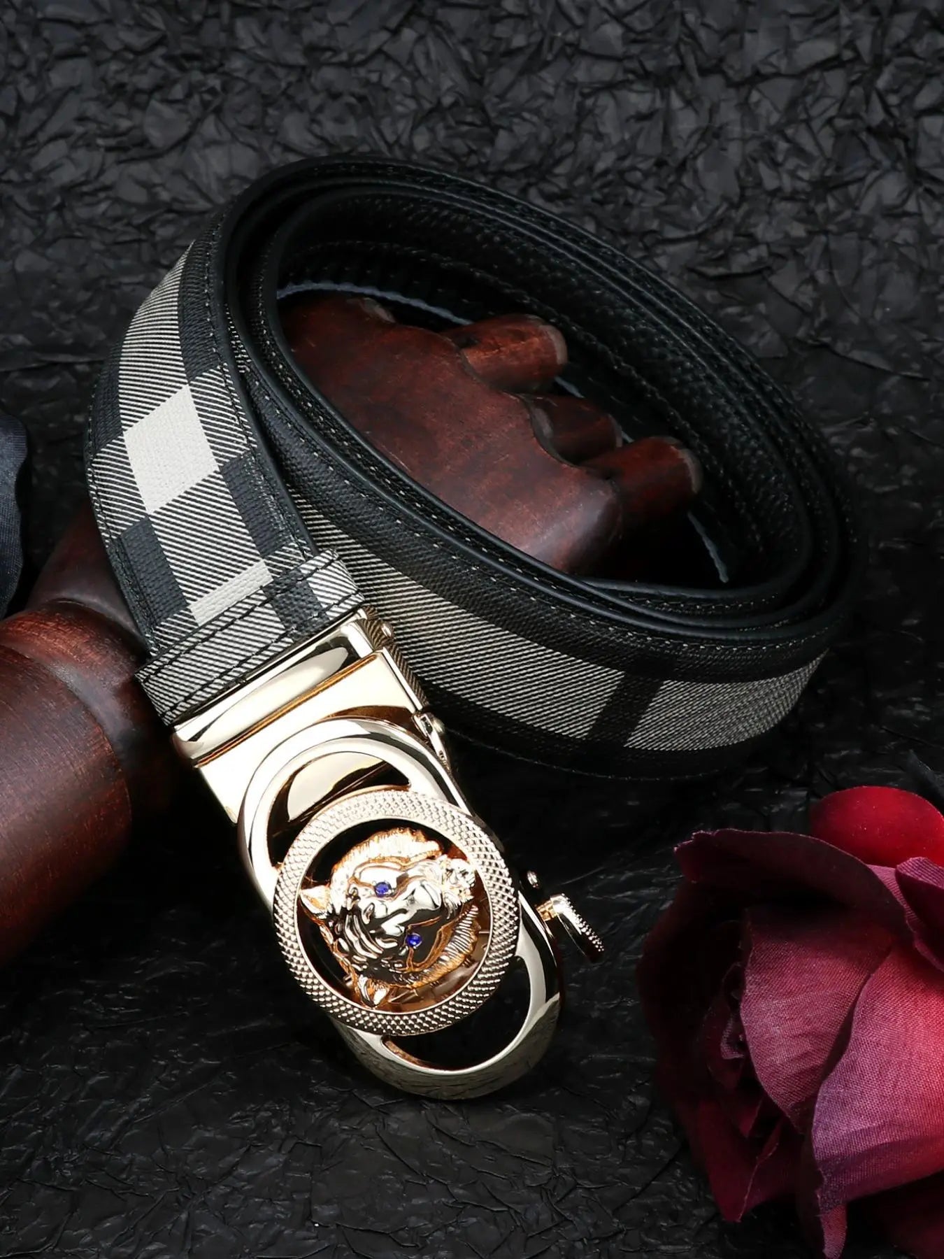 Men'S Tiger Head Decor Automatic Buckle Real Designer Belt, Business Casual Plaid Pattern Pu Leather Belt for Work Office, Fashion Waistband for Party, Daily Clothing Decor, Trendy Exquisite Belt
