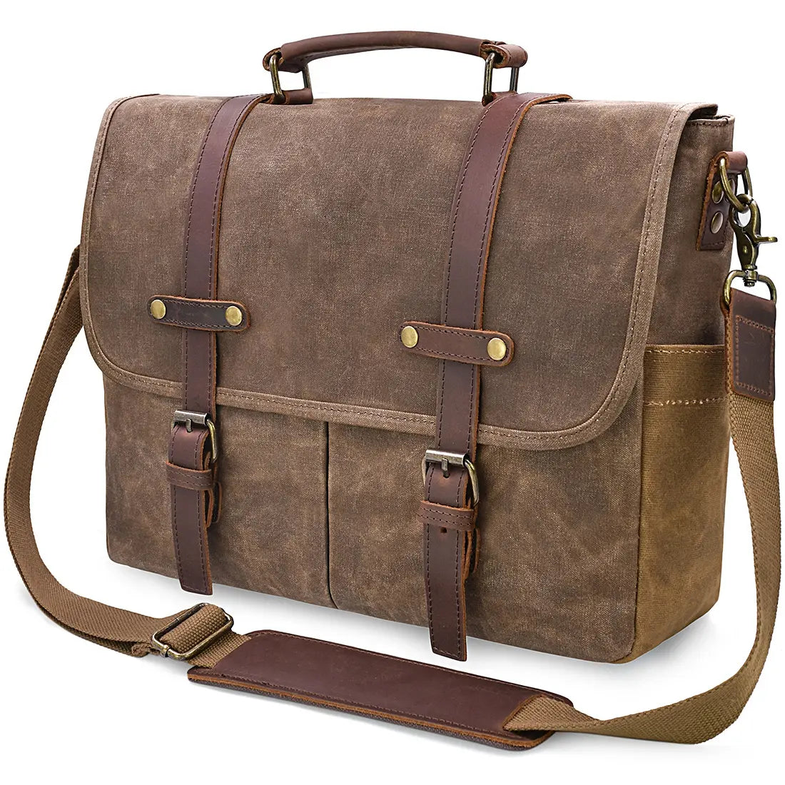 Mens Messenger Bag 15.6 Inch Waterproof Vintage Genuine Leather Waxed Canvas Briefcase Large Leather Computer Laptop Bag Rugged Satchel Shoulder Bag
