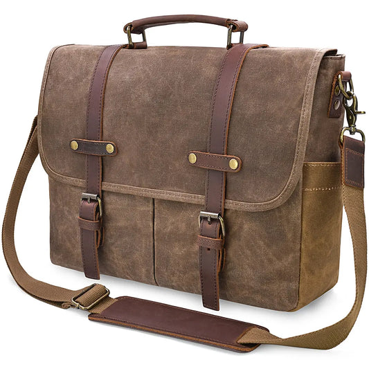 Mens Messenger Bag 15.6 Inch Waterproof Vintage Genuine Leather Waxed Canvas Briefcase Large Leather Computer Laptop Bag Rugged Satchel Shoulder Bag