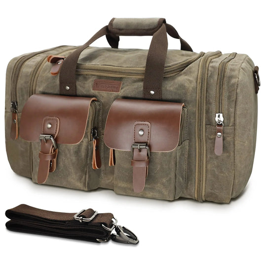 Wildroad Duffle Bag for Men Waterproof Waxed Canvas Genuine Leather Weekender Overnight Vintage Durable Bag with Pockets Travel Large Capacity Garment Spacious Convertible Sleepover Aesthetic Personalized Portable Gift Carry-On Lightweight Trip Essential