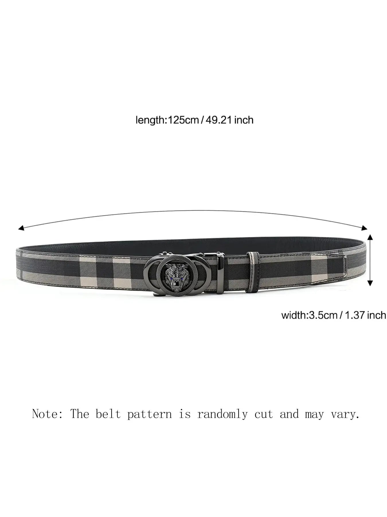 Men'S Tiger Head Decor Automatic Buckle Real Designer Belt, Business Casual Plaid Pattern Pu Leather Belt for Work Office, Fashion Waistband for Party, Daily Clothing Decor, Trendy Exquisite Belt