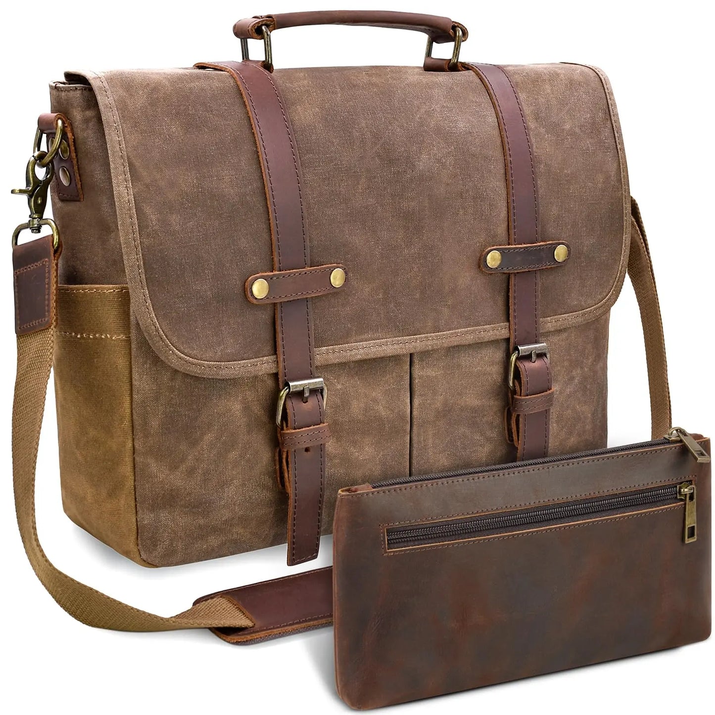 Mens Messenger Bag 15.6 Inch Waterproof Vintage Genuine Leather Waxed Canvas Briefcase Large Leather Computer Laptop Bag Rugged Satchel Shoulder Bag