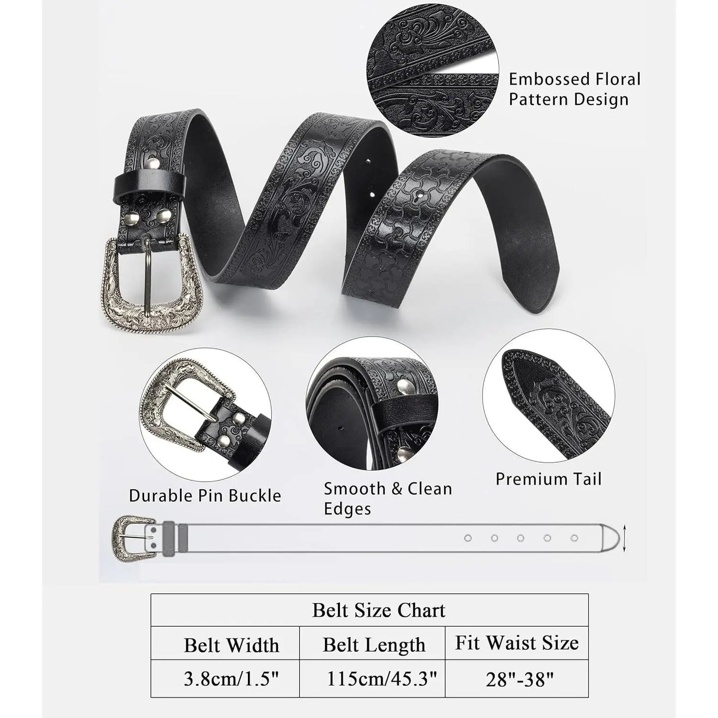 Adjustable Vintage Western-Belts for Women Men Embossed PU Leather Buckles Cowboy-Cowgirl-Belt (For 28-38" Waist)