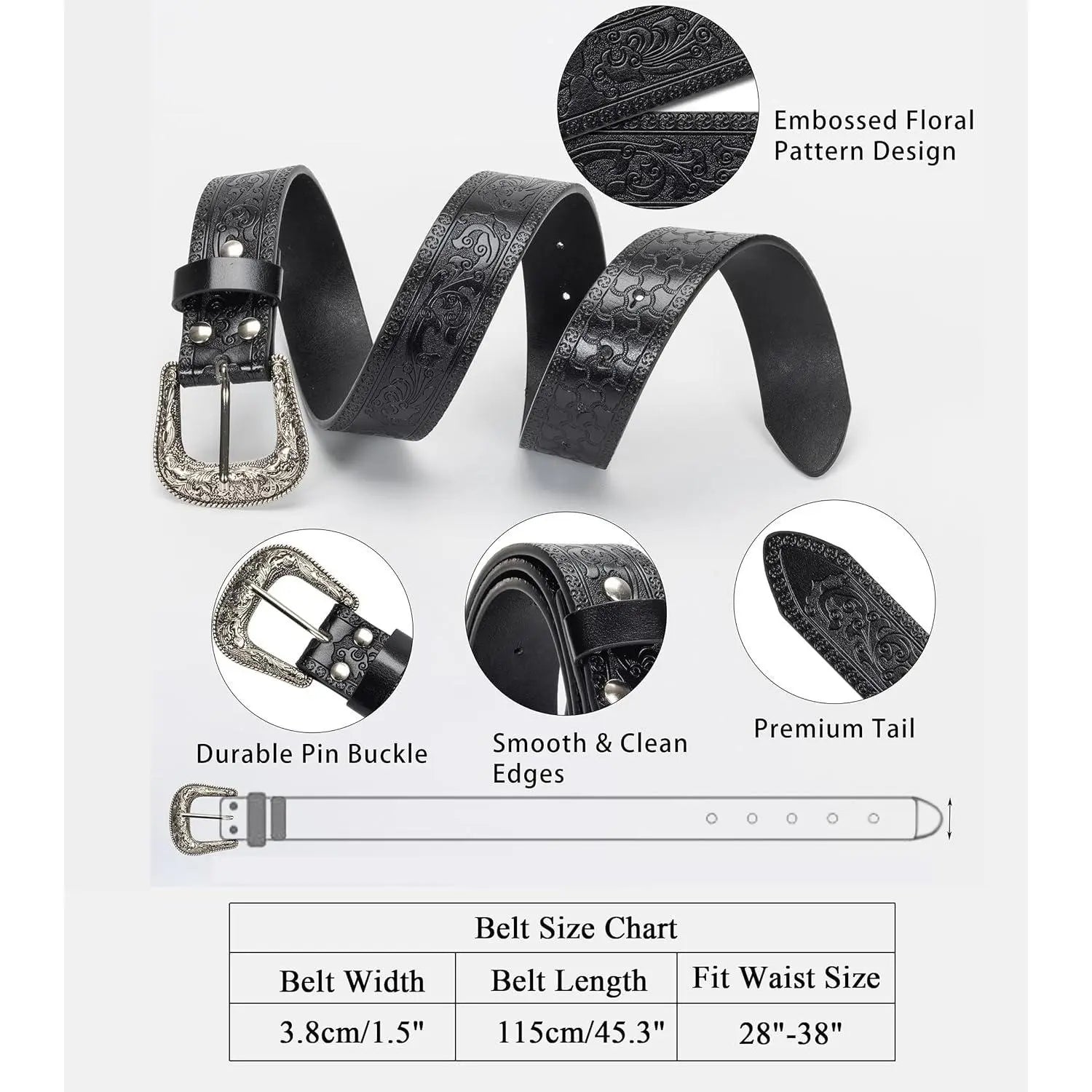 Adjustable Vintage Western-Belts for Women Men Embossed PU Leather Buckles Cowboy-Cowgirl-Belt (For 28-38" Waist)