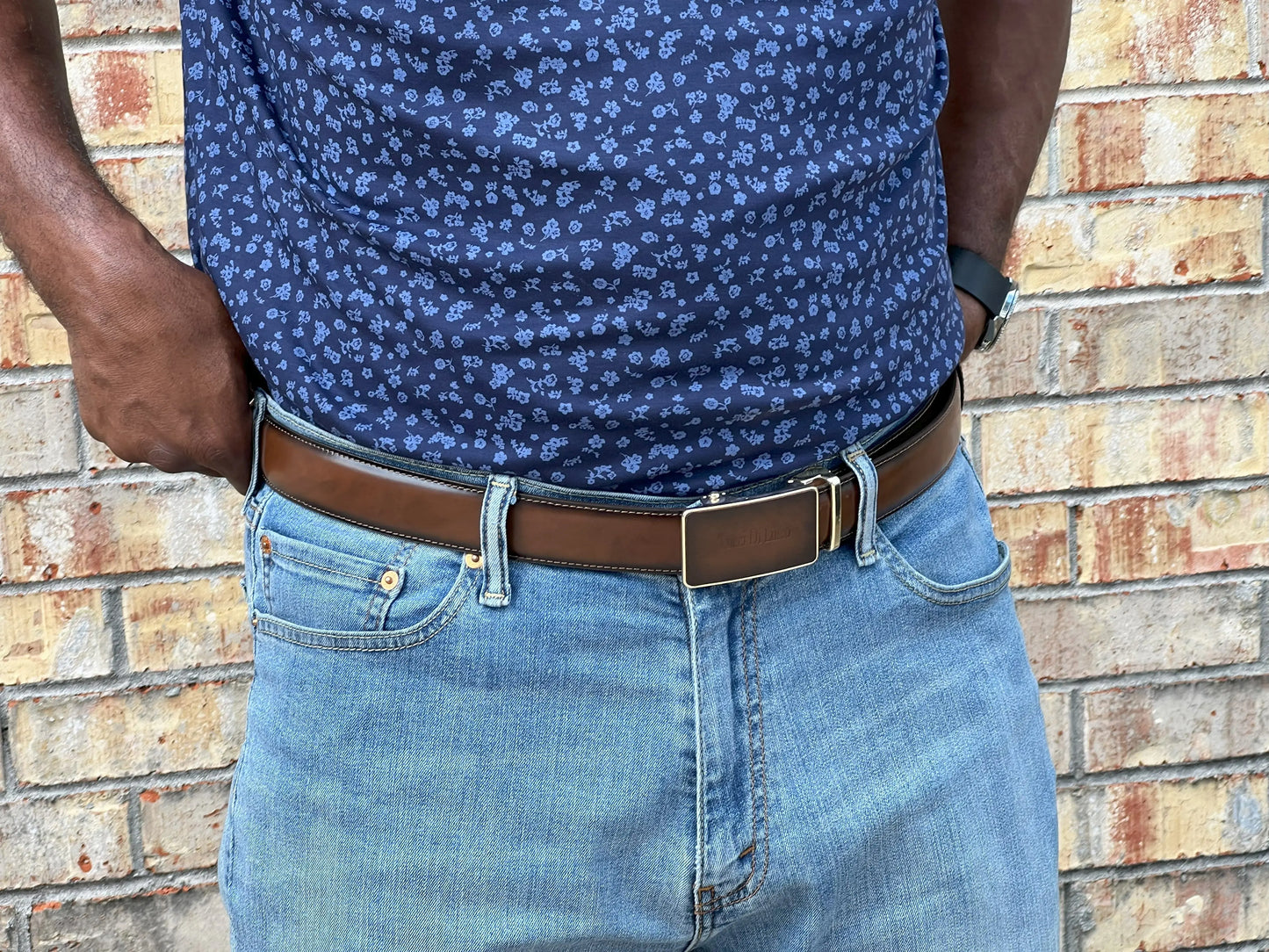 Tucci Di Lusso Mens Dark Blue Italian Leather Slide Ratchet Smart Belts