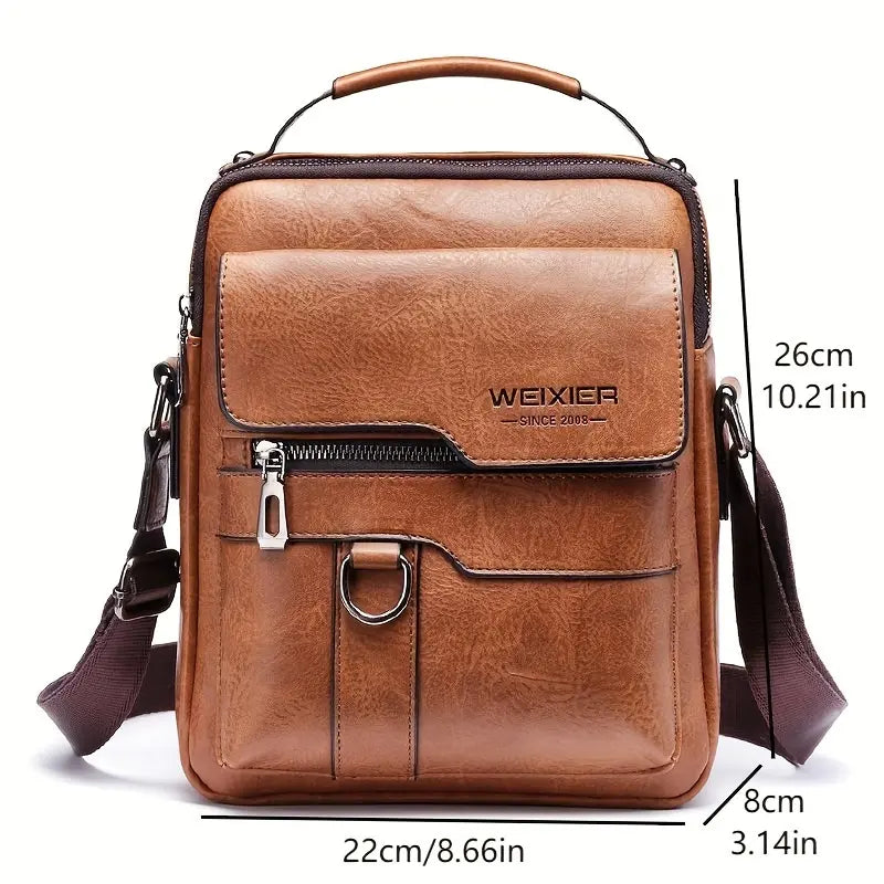 New Men'S PU Leather Shoulder Bag, Classic Style, Retro Fashion, Adjustable Shoulder Strap, Multi-Layer, Handbag, Messenger Bag, Crossbody Bag, Business Casual Briefcase, Travel, Backpack, Daily Commuter Bag for Men and Women, New Year, Christmas Gift