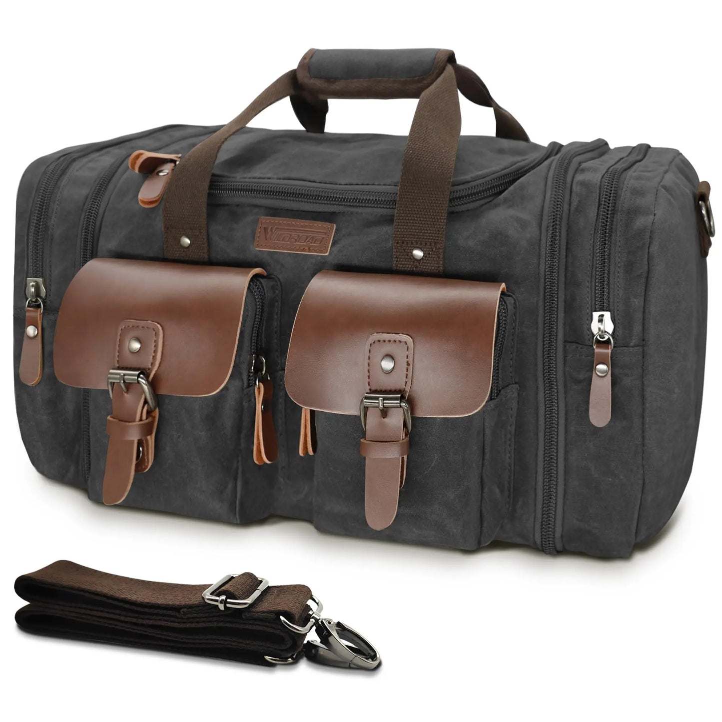 Wildroad Duffle Bag for Men Waterproof Waxed Canvas Genuine Leather Weekender Overnight Vintage Durable Bag with Pockets Travel Large Capacity Garment Spacious Convertible Sleepover Aesthetic Personalized Portable Gift Carry-On Lightweight Trip Essential