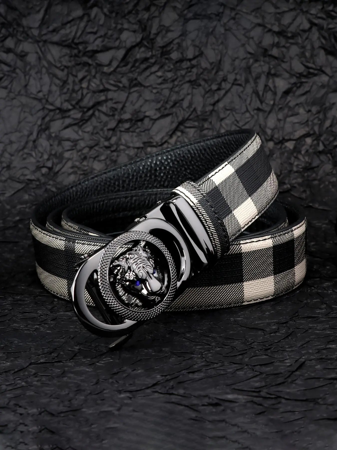 Men'S Tiger Head Decor Automatic Buckle Real Designer Belt, Business Casual Plaid Pattern Pu Leather Belt for Work Office, Fashion Waistband for Party, Daily Clothing Decor, Trendy Exquisite Belt