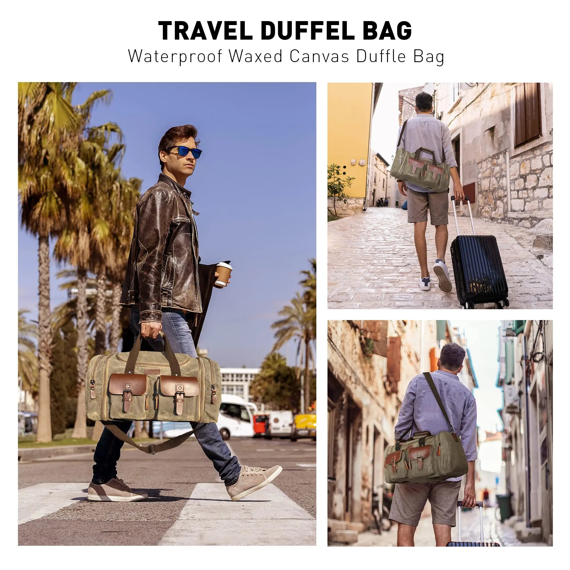Wildroad Duffle Bag for Men Waterproof Waxed Canvas Genuine Leather Weekender Overnight Vintage Durable Bag with Pockets Travel Large Capacity Garment Spacious Convertible Sleepover Aesthetic Personalized Portable Gift Carry-On Lightweight Trip Essential
