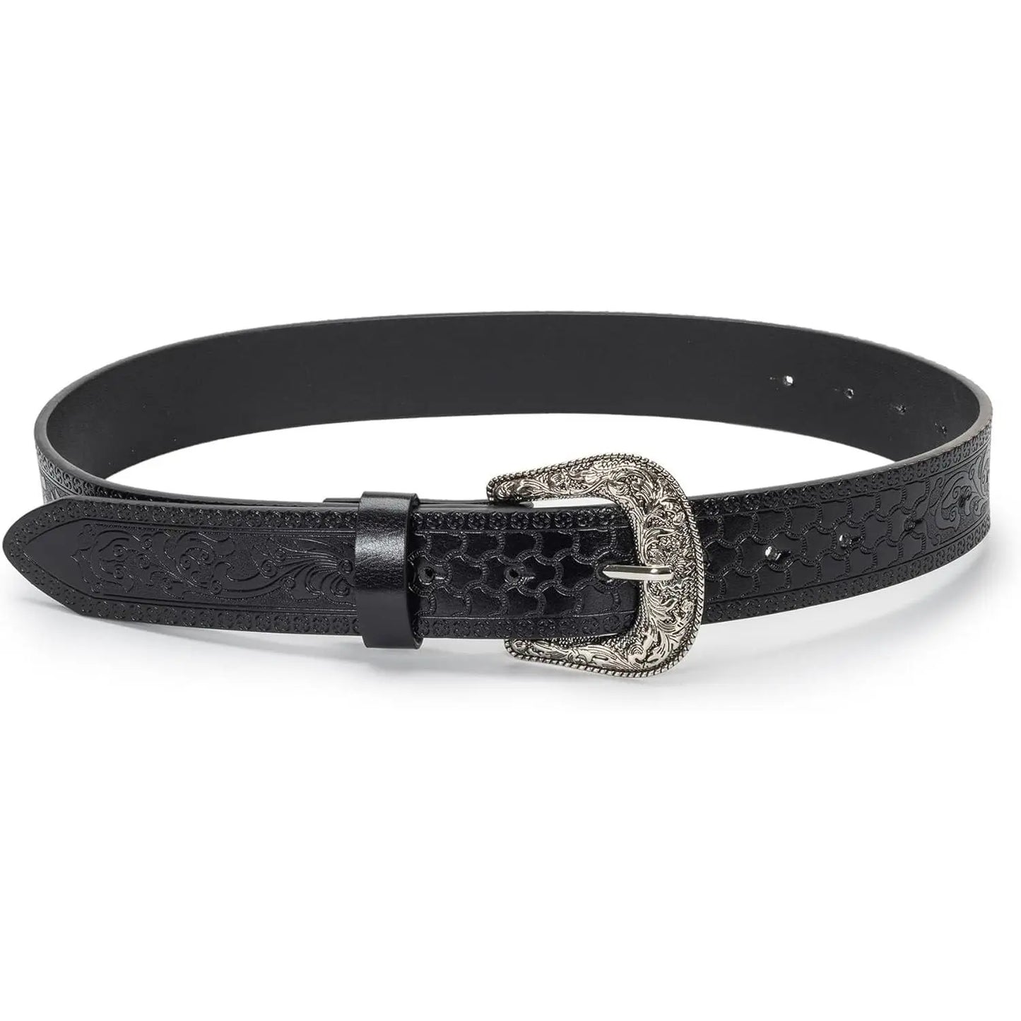 Adjustable Vintage Western-Belts for Women Men Embossed PU Leather Buckles Cowboy-Cowgirl-Belt (For 28-38" Waist)