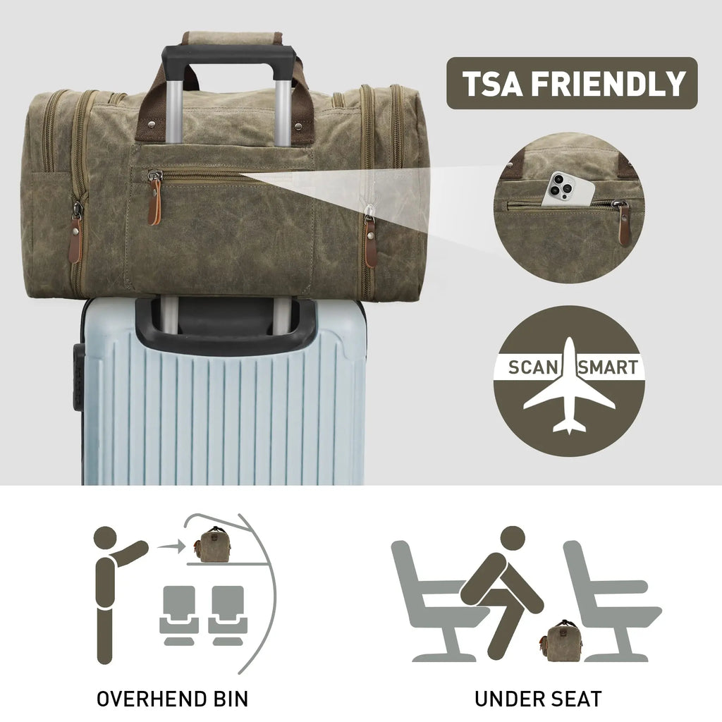 Wildroad Duffle Bag for Men Waterproof Waxed Canvas Genuine Leather Weekender Overnight Vintage Durable Bag with Pockets Travel Large Capacity Garment Spacious Convertible Sleepover Aesthetic Personalized Portable Gift Carry-On Lightweight Trip Essential