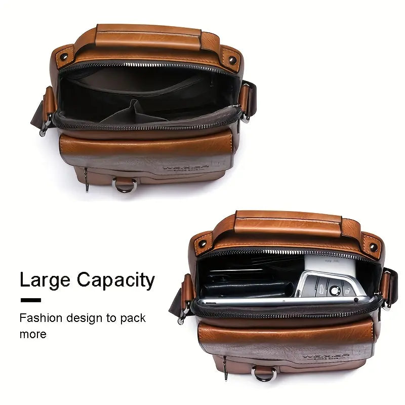 WEIXIER PU Leather Crossbody Bag Retro Street Style Large Capacity Commuter Bag with Adjustable Shoulder Strap for Business Travel Daily Use