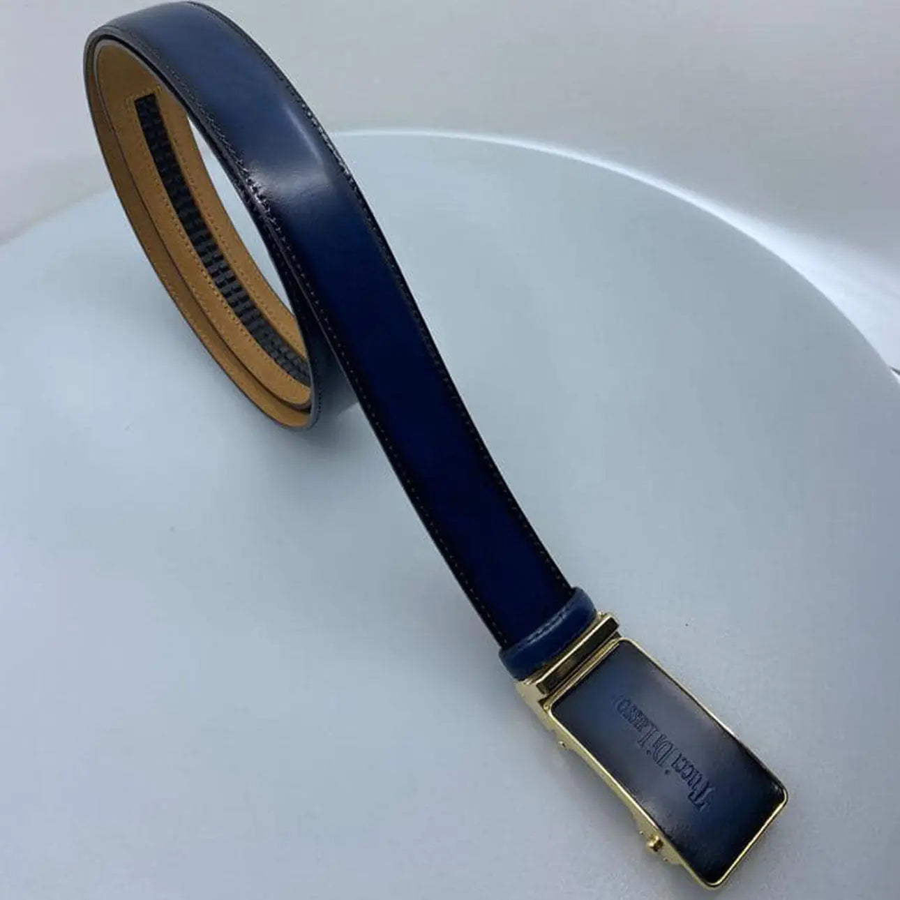 Tucci Di Lusso Mens Dark Blue Italian Leather Slide Ratchet Smart Belts