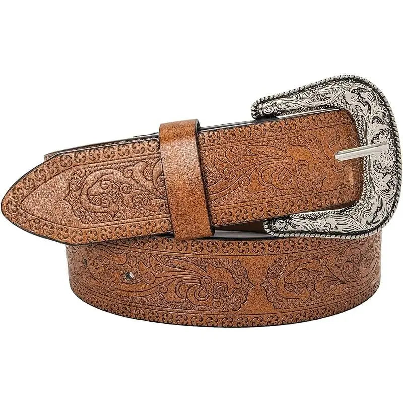 Adjustable Vintage Western-Belts for Women Men Embossed PU Leather Buckles Cowboy-Cowgirl-Belt (For 28-38" Waist)