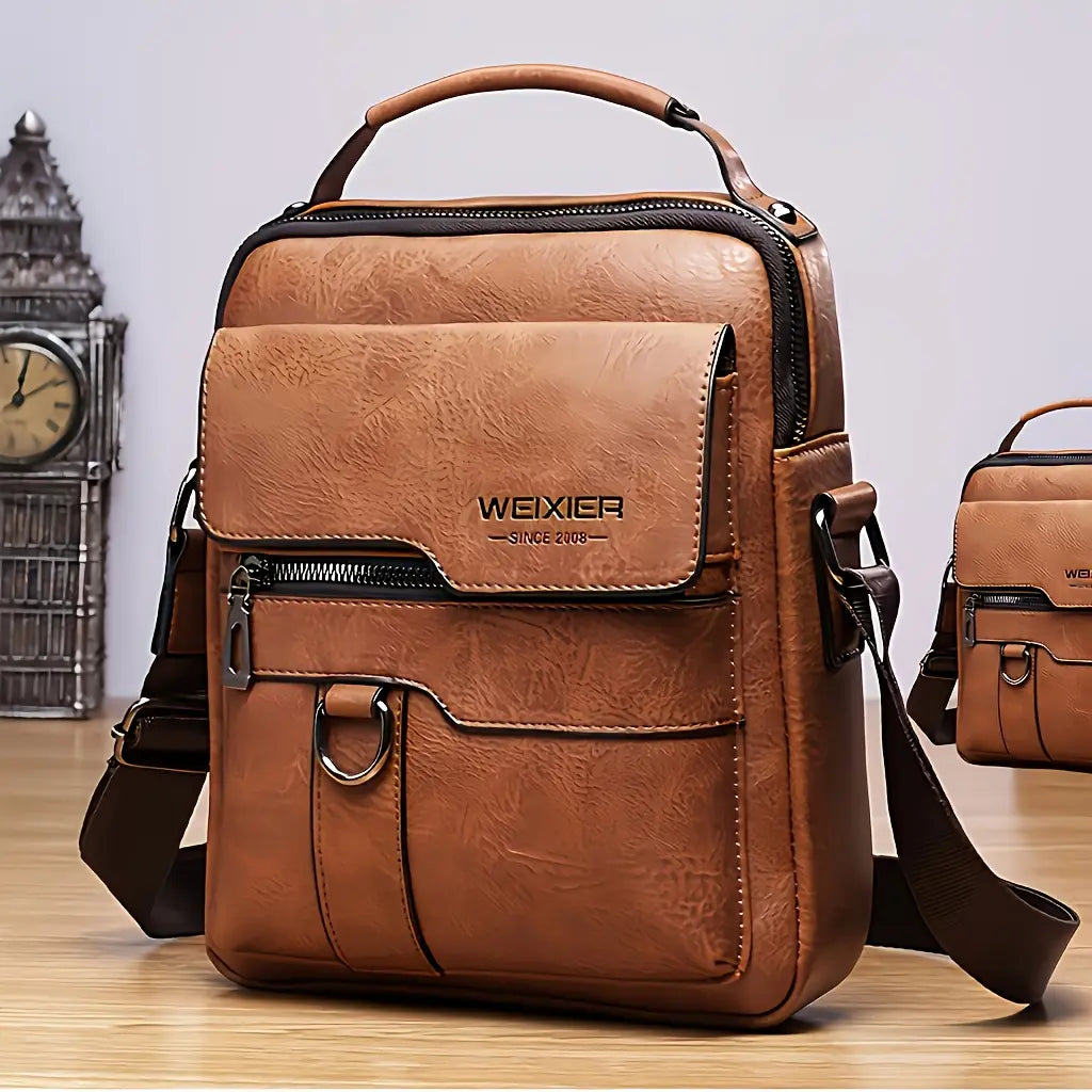 WEIXIER PU Leather Crossbody Bag Retro Street Style Large Capacity Commuter Bag with Adjustable Shoulder Strap for Business Travel Daily Use