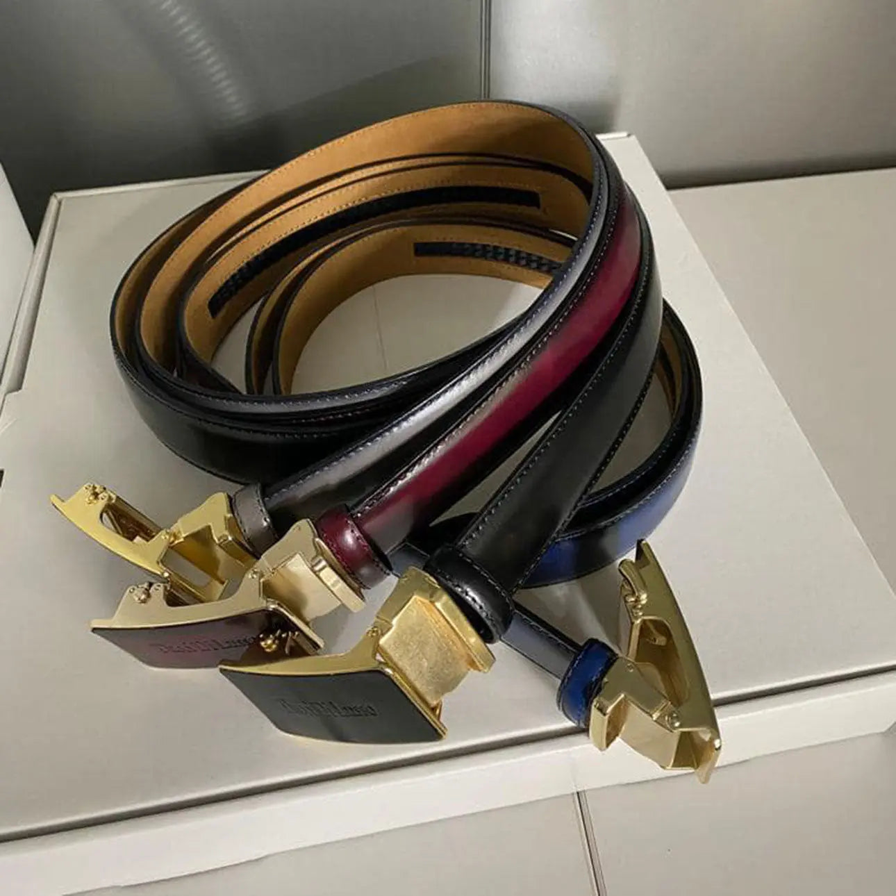 Tucci Di Lusso Mens Dark Blue Italian Leather Slide Ratchet Smart Belts