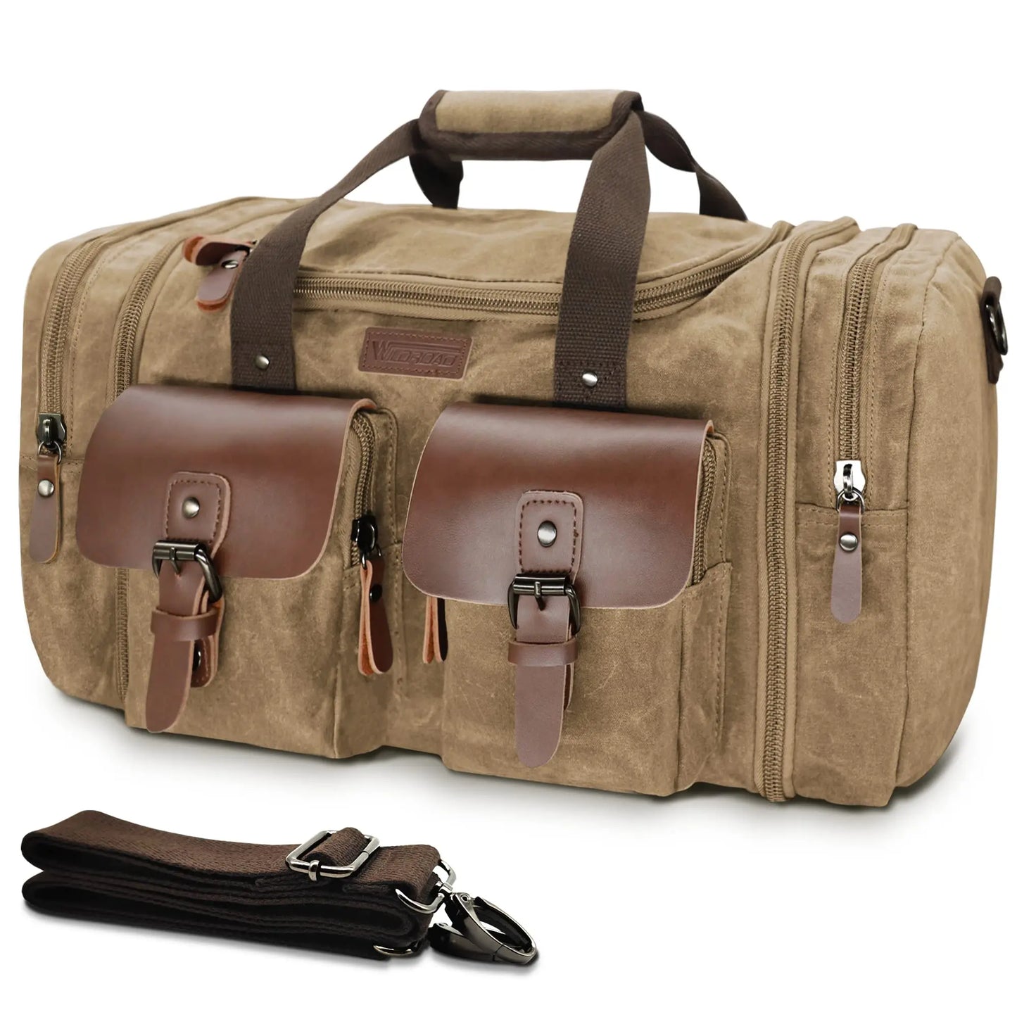 Wildroad Duffle Bag for Men Waterproof Waxed Canvas Genuine Leather Weekender Overnight Vintage Durable Bag with Pockets Travel Large Capacity Garment Spacious Convertible Sleepover Aesthetic Personalized Portable Gift Carry-On Lightweight Trip Essential