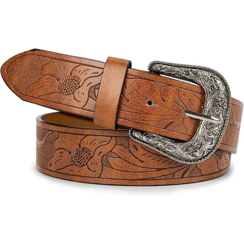 Adjustable Vintage Western-Belts for Women Men Embossed PU Leather Buckles Cowboy-Cowgirl-Belt (For 28-38" Waist)