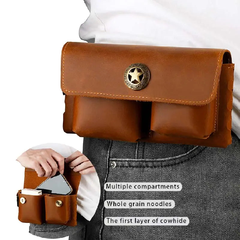 Men'S Leather Waist Bag Phone Holder for Business Travel Everyday Commute Brown Leather Belt Bag Travel Accessory Sleek Accessory Durable Construction Multiple Pockets for Keys & Cards Travelers Business Accessory Modern Pouch Sturdy Construction Beltbag