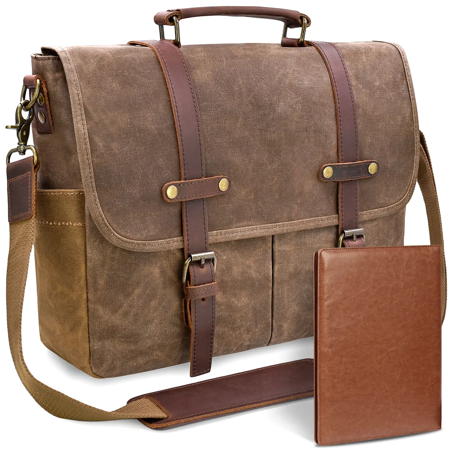 Mens Messenger Bag 15.6 Inch Waterproof Vintage Genuine Leather Waxed Canvas Briefcase Large Leather Computer Laptop Bag Rugged Satchel Shoulder Bag