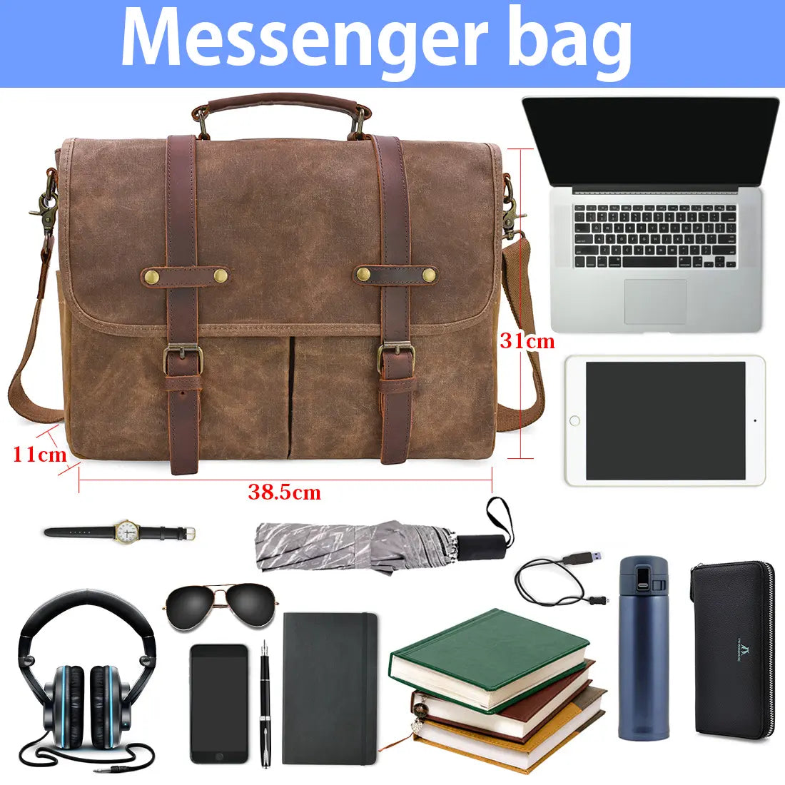 Mens Messenger Bag 15.6 Inch Waterproof Vintage Genuine Leather Waxed Canvas Briefcase Large Leather Computer Laptop Bag Rugged Satchel Shoulder Bag