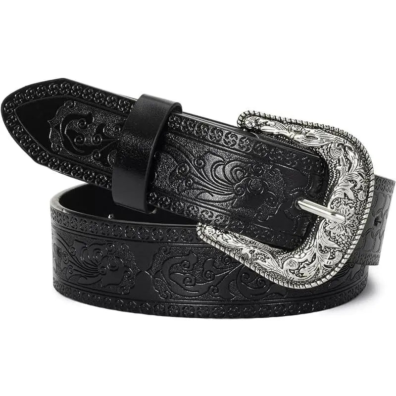 Adjustable Vintage Western-Belts for Women Men Embossed PU Leather Buckles Cowboy-Cowgirl-Belt (For 28-38" Waist)