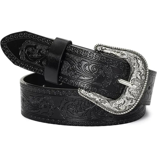 Adjustable Vintage Western-Belts for Women Men Embossed PU Leather Buckles Cowboy-Cowgirl-Belt (For 28-38" Waist)