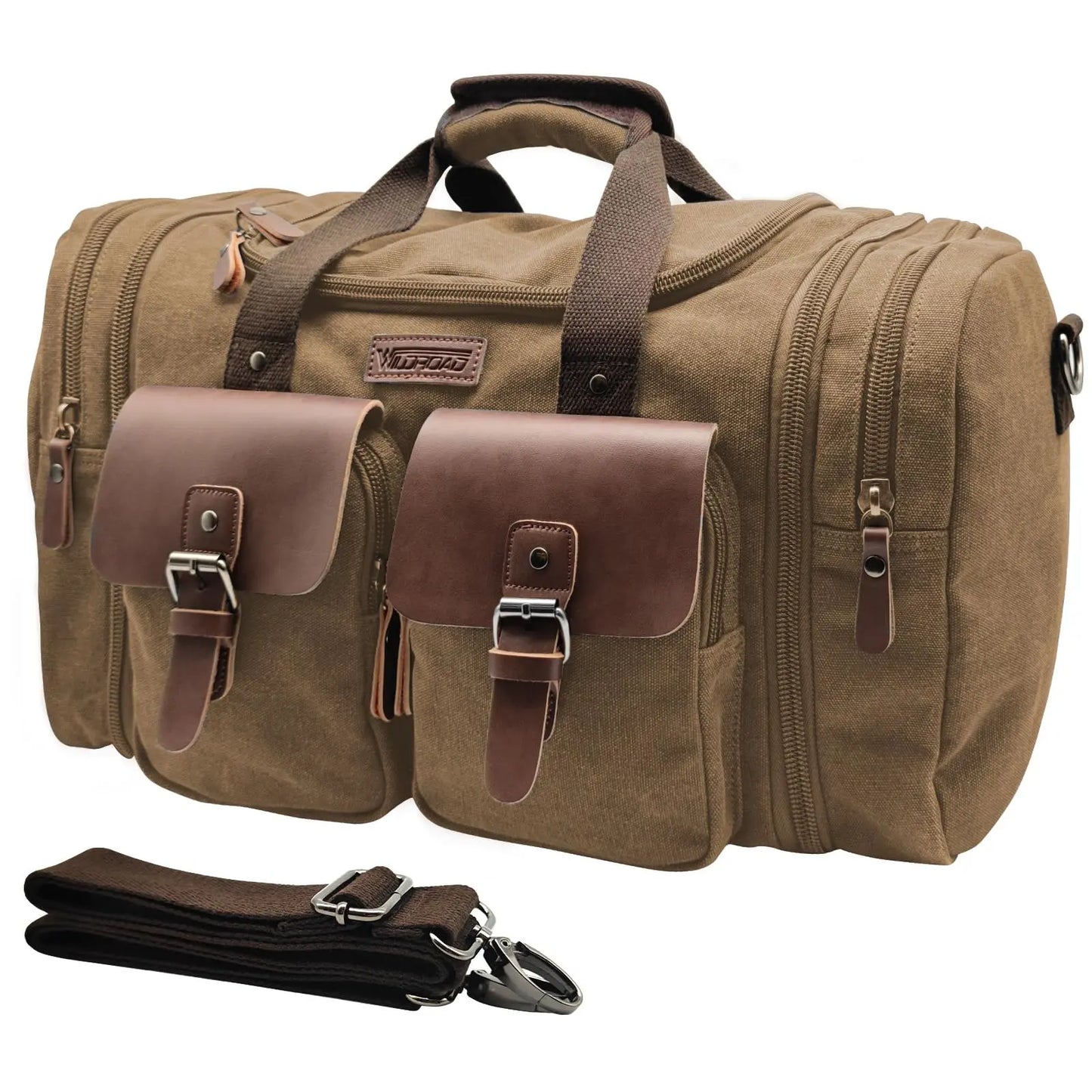 Wildroad Duffle Bag for Men Waterproof Waxed Canvas Genuine Leather Weekender Overnight Vintage Durable Bag with Pockets Travel Large Capacity Garment Spacious Convertible Sleepover Aesthetic Personalized Portable Gift Carry-On Lightweight Trip Essential