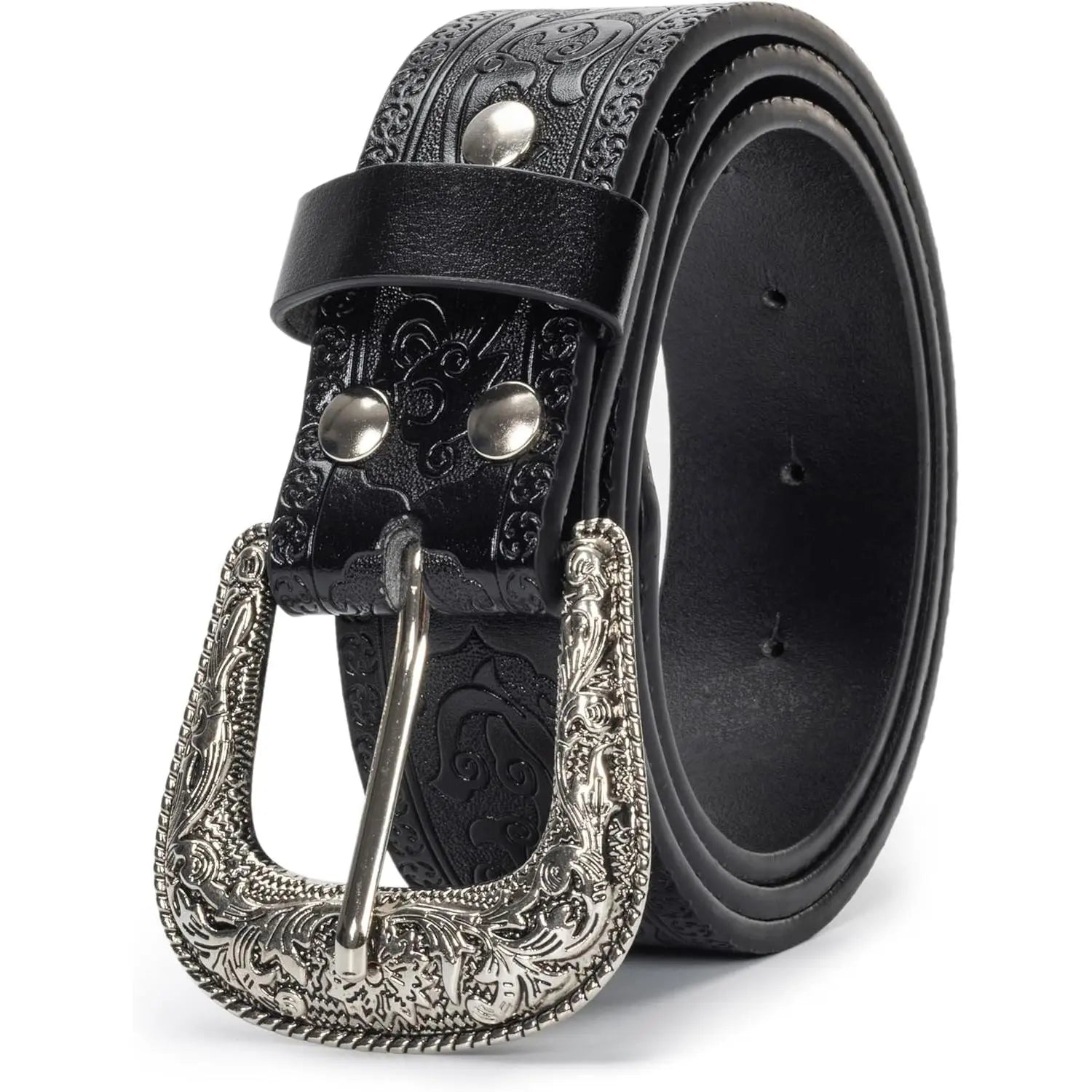 Adjustable Vintage Western-Belts for Women Men Embossed PU Leather Buckles Cowboy-Cowgirl-Belt (For 28-38" Waist)