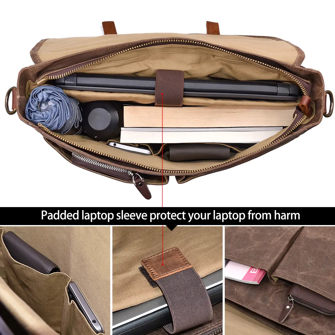 Mens Messenger Bag 15.6 Inch Waterproof Vintage Genuine Leather Waxed Canvas Briefcase Large Leather Computer Laptop Bag Rugged Satchel Shoulder Bag