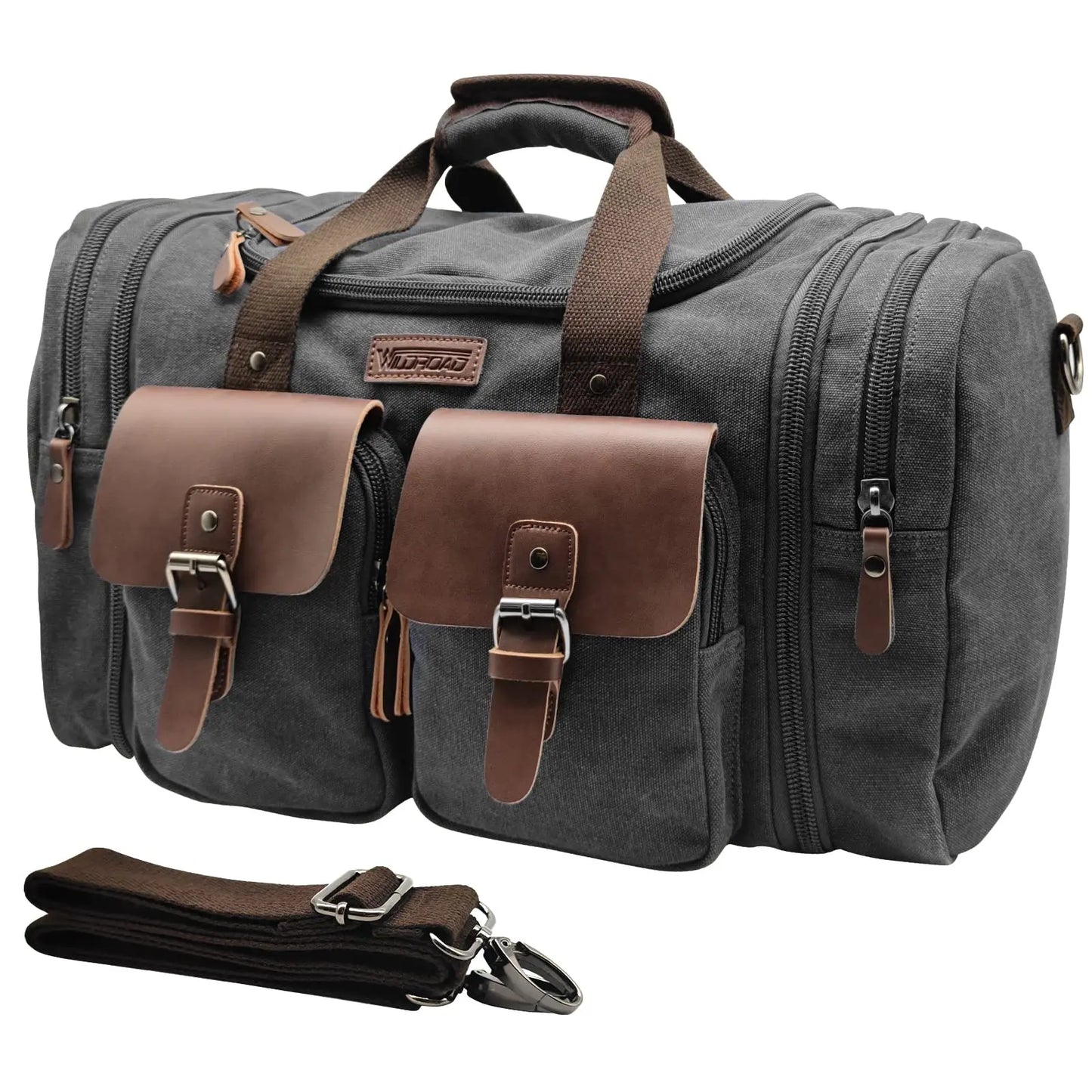 Wildroad Duffle Bag for Men Waterproof Waxed Canvas Genuine Leather Weekender Overnight Vintage Durable Bag with Pockets Travel Large Capacity Garment Spacious Convertible Sleepover Aesthetic Personalized Portable Gift Carry-On Lightweight Trip Essential
