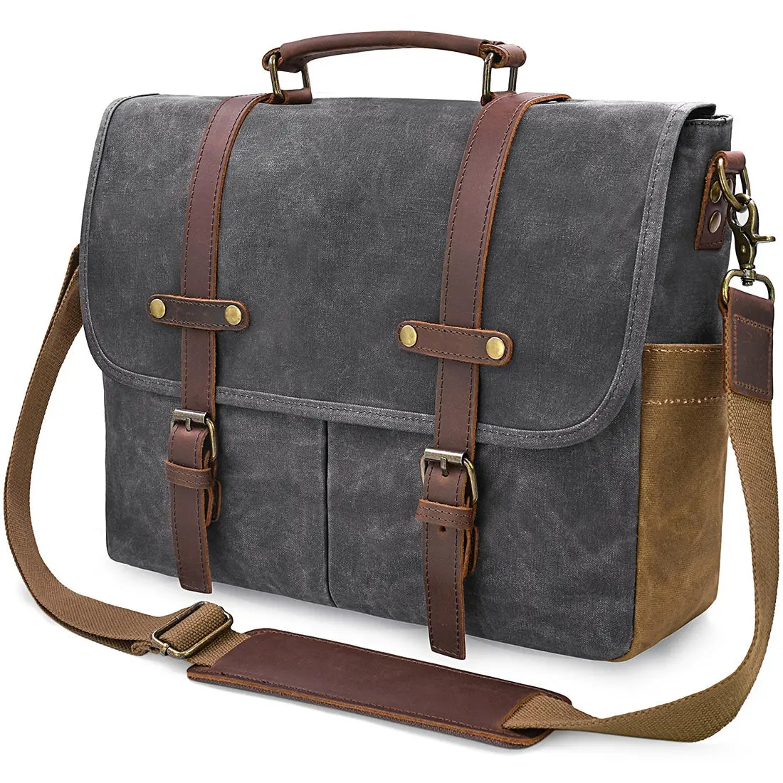 Mens Messenger Bag 15.6 Inch Waterproof Vintage Genuine Leather Waxed Canvas Briefcase Large Leather Computer Laptop Bag Rugged Satchel Shoulder Bag