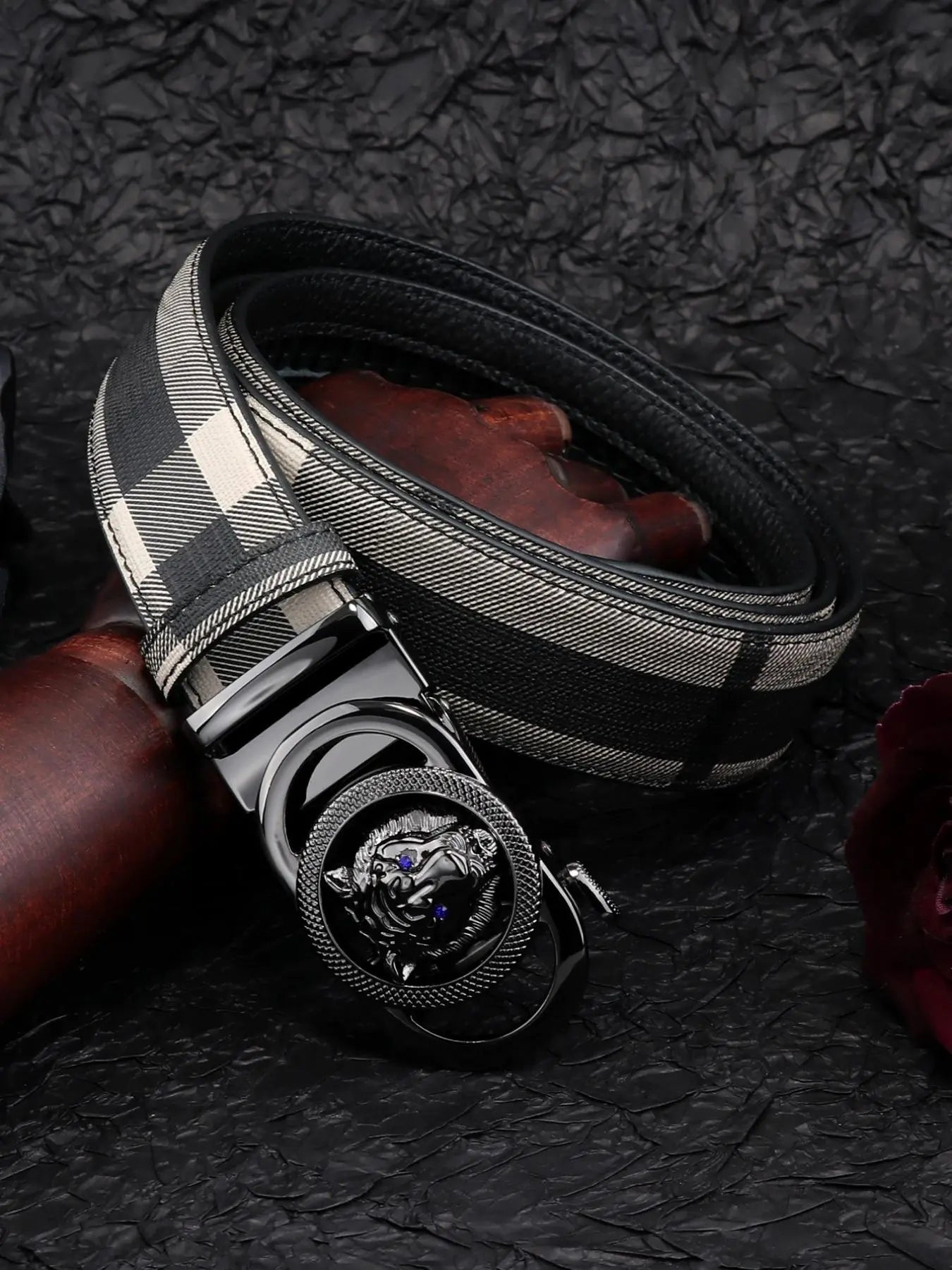 Men'S Tiger Head Decor Automatic Buckle Real Designer Belt, Business Casual Plaid Pattern Pu Leather Belt for Work Office, Fashion Waistband for Party, Daily Clothing Decor, Trendy Exquisite Belt