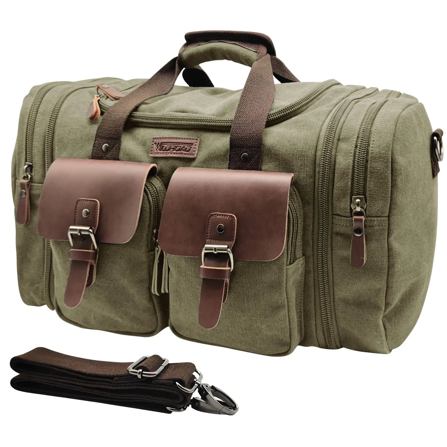 Wildroad Duffle Bag for Men Waterproof Waxed Canvas Genuine Leather Weekender Overnight Vintage Durable Bag with Pockets Travel Large Capacity Garment Spacious Convertible Sleepover Aesthetic Personalized Portable Gift Carry-On Lightweight Trip Essential
