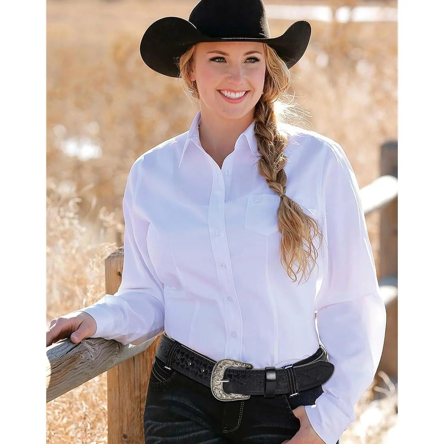 Adjustable Vintage Western-Belts for Women Men Embossed PU Leather Buckles Cowboy-Cowgirl-Belt (For 28-38" Waist)