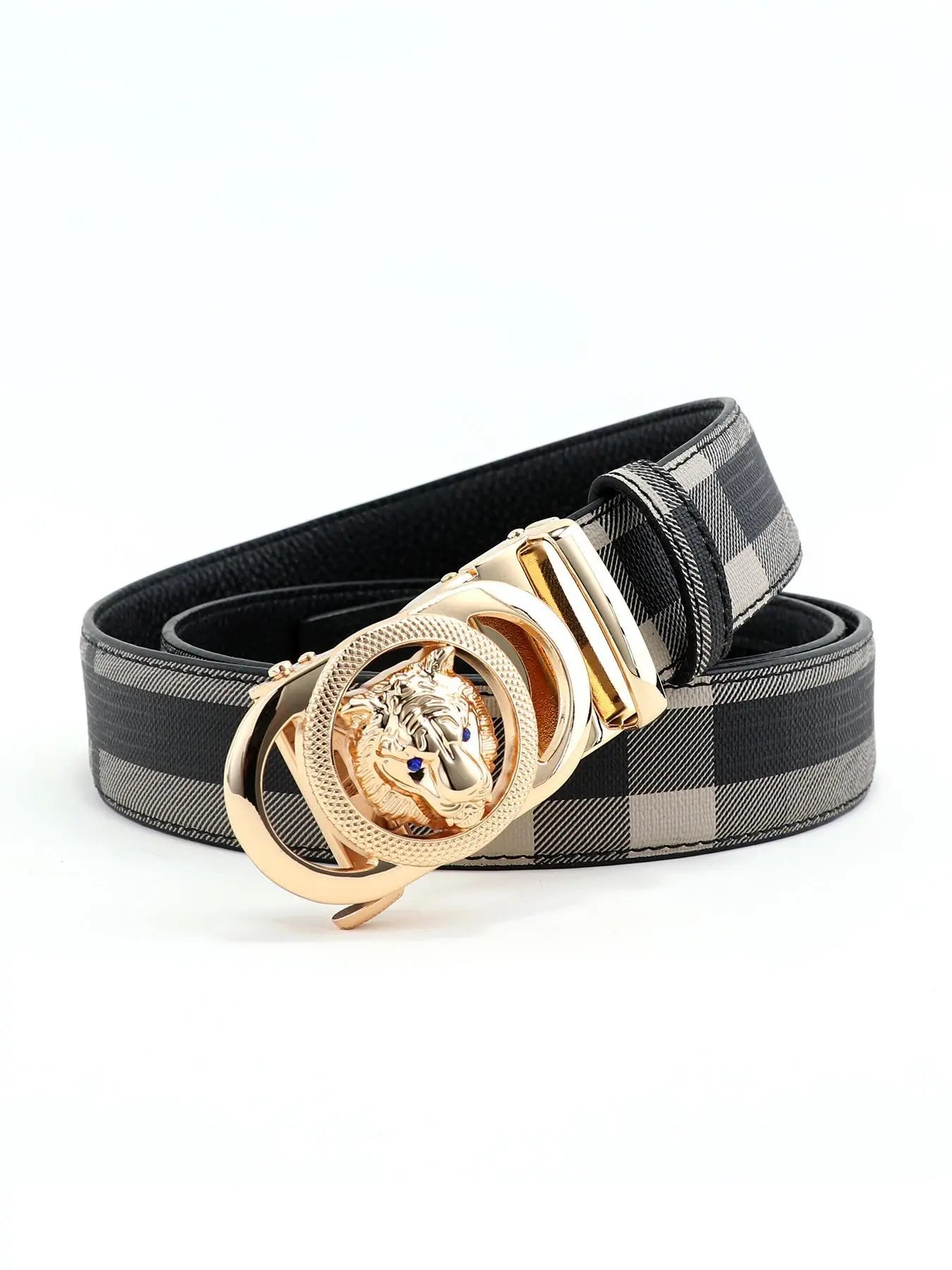 Men'S Tiger Head Decor Automatic Buckle Real Designer Belt, Business Casual Plaid Pattern Pu Leather Belt for Work Office, Fashion Waistband for Party, Daily Clothing Decor, Trendy Exquisite Belt